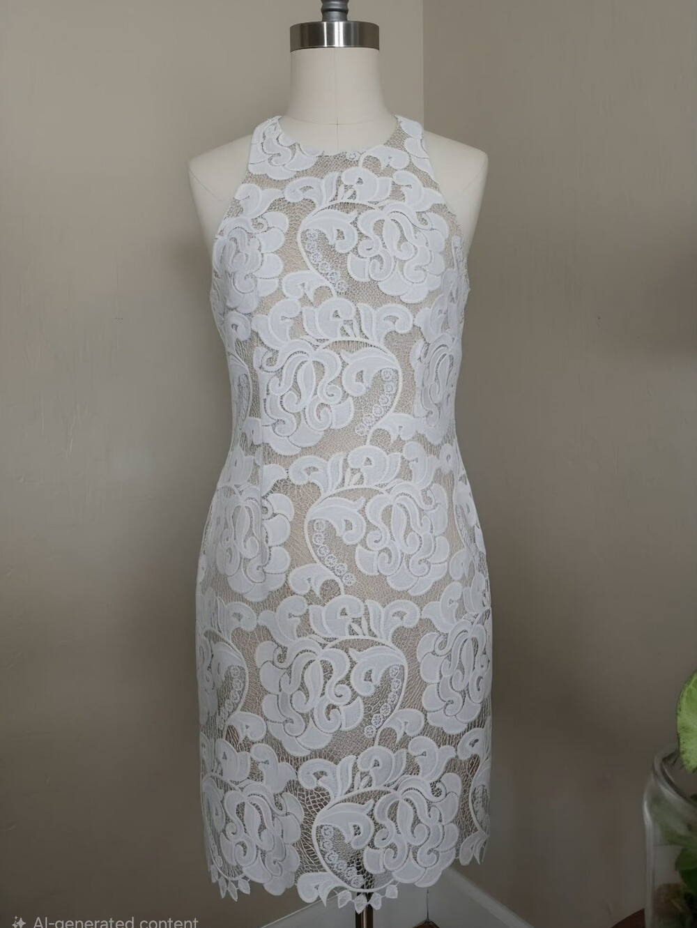 Eliza J White Floral Lace Halter Mock Neck Sheath Dress Nude Lining Size 2